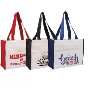 Cotton canvas tote bag with front pocket.